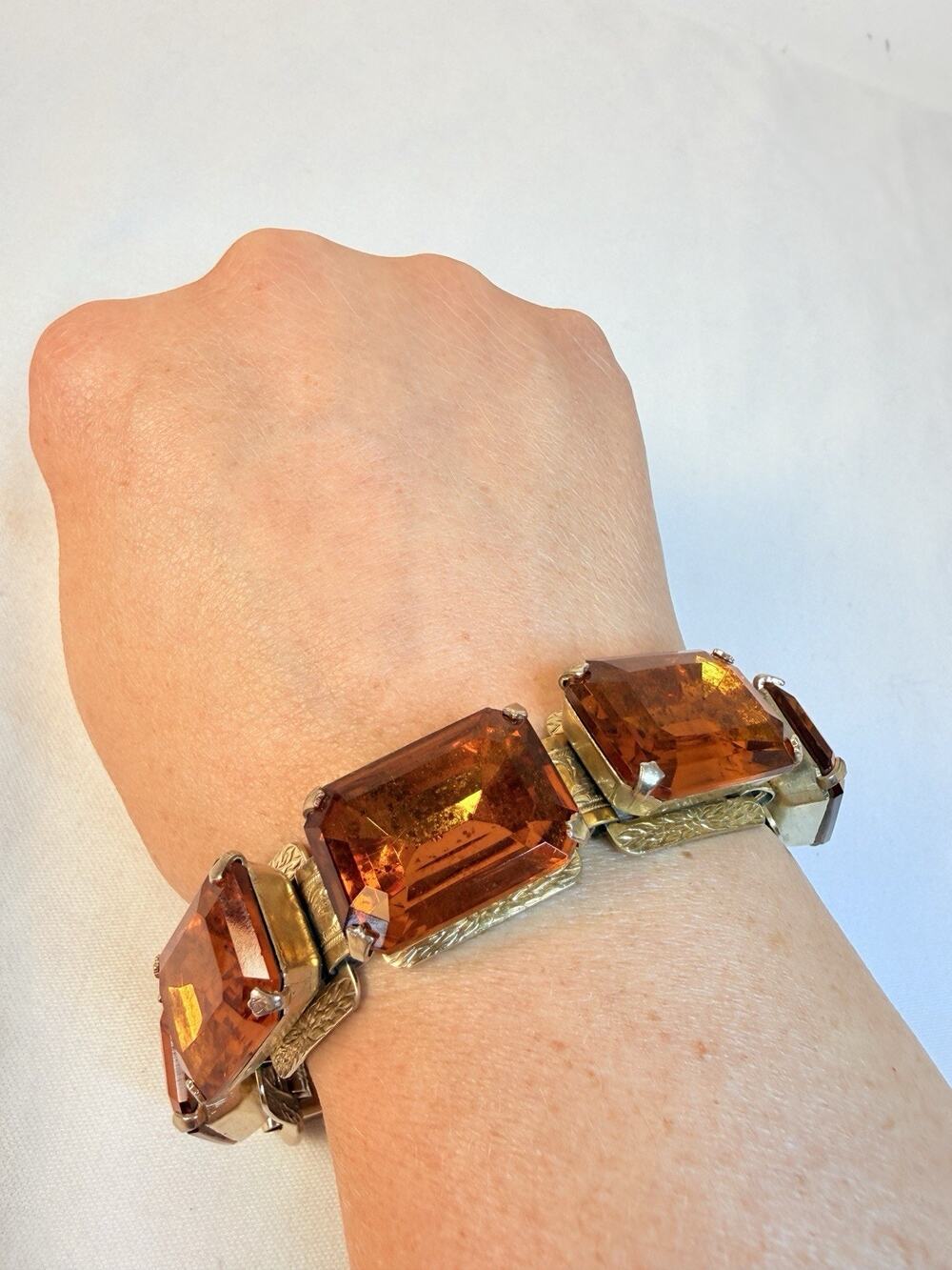 Vtg Kafin Amber Topaz Rhinestone Bracelet Gold Tone Emerald Cut Glass - Read